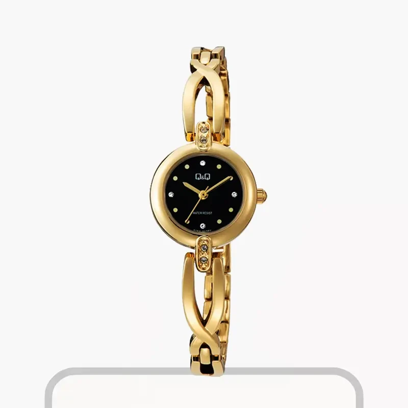 Q&Q Black Dial Gold-tone Trandy Ladies Watch- F06A-003PY